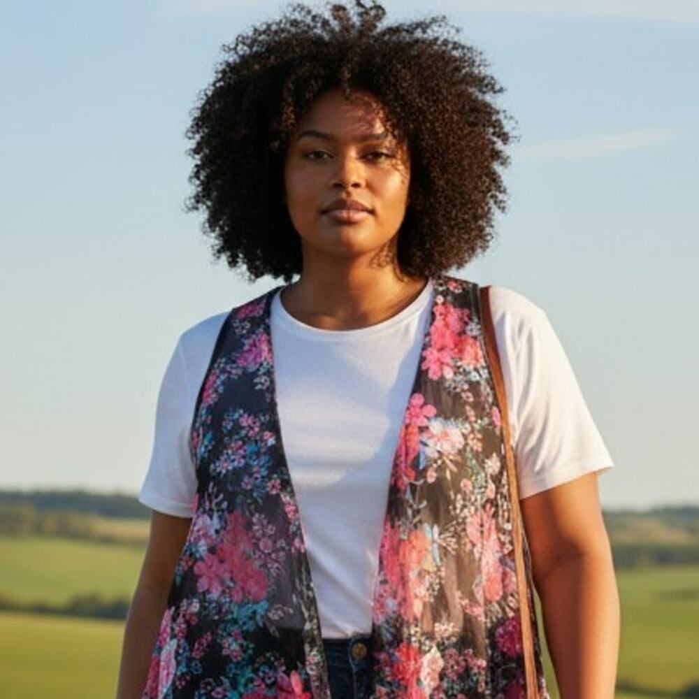 Torrid Vest Womens 2 or 3 Black Floral Lace Open Front Waterfall Sheer Boho